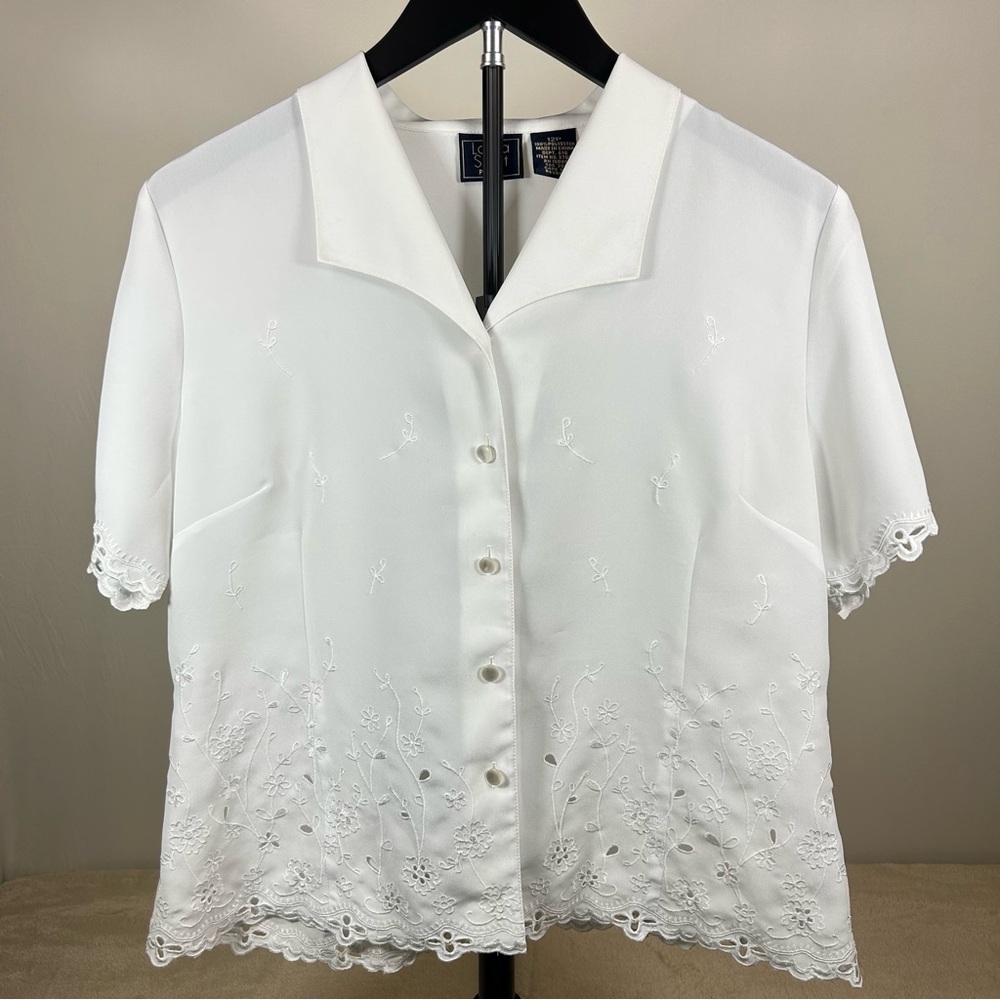 White Embroidered Button 90s Matilda/Ms Honey Blouse Petite 12P Cottagecore